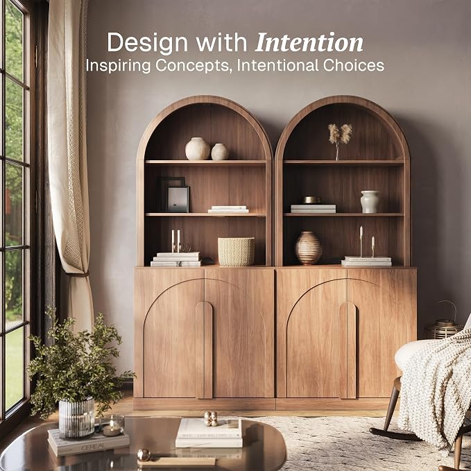 BELLEZE Set of 2 71"Tall Storage Cabinet with Arched Hutch, Wooden Sideboard Buffet Cabinet with Adjustable Shelves for Pantry Organizing, 5-Tier Modern Storage Unit for Living Room Home Office, Camel