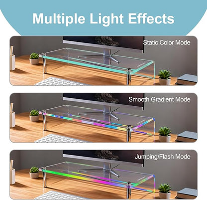 0.39" Extra Thick Acrylic Monitor Stand Riser, Clear | 23.6” x 9.1" x 3.5" Acrylic Desk Shelf with RGB Lighting & Dual Control-App & Button Control,for Office Desktop Organizer