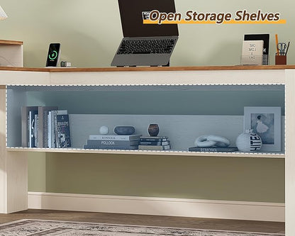 YOMILUVE Farmhouse 63" L Shaped Desk with Drawers, Home Office Desks with Storage Shelves and Printer Stand, Corner Computer Desk with Power Outlets and Monitor Stand, Brown and White