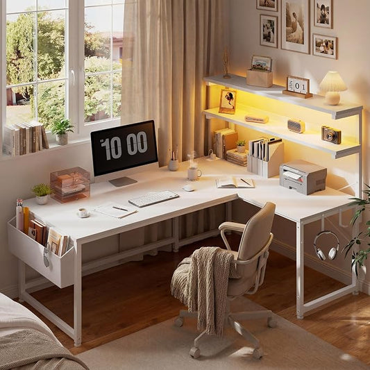 DurayLoly 53 Inch L Shaped Desk Computer Desk with LED Light & 5 Power Outlet, Reversible White Desk with Shelf & Storage Bag & Hook White Vanity Desk for Home Office, White