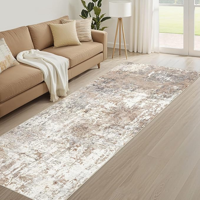Runner Rug Kitchen Washable Rugs: 2x5 Non-Slip Abstract Soft Modern Stain Resistant Indoor Floor Neutral Accent Throw Carpet for Hallway Bathroom Laundry Room Entryway Bedroom- Brown