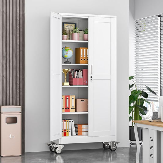 Metal Garage Storage Cabinets and storage system, 71”Tall Rolling utility cabinet with Wheels, Lock, 4 Adjustable Shelves, Heavy Duty Steel Tool Locker for Home Office, Utility Room, Gym,White
