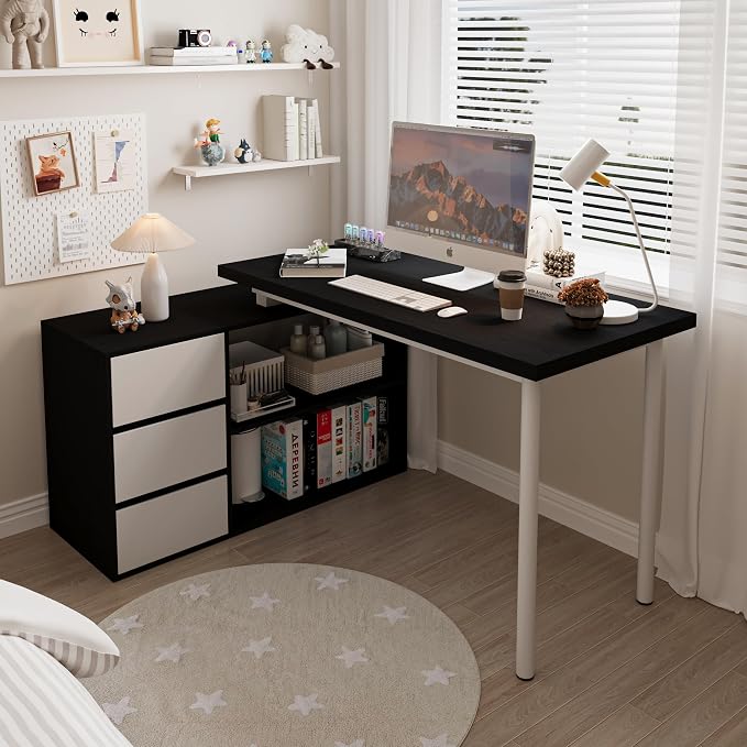 Bobve L Shaped Computer Desk, 47 Inch Home Office Desk with File Drawers & Storage Shelves, Small Corner Computer Desk for Small Space (Black + White)