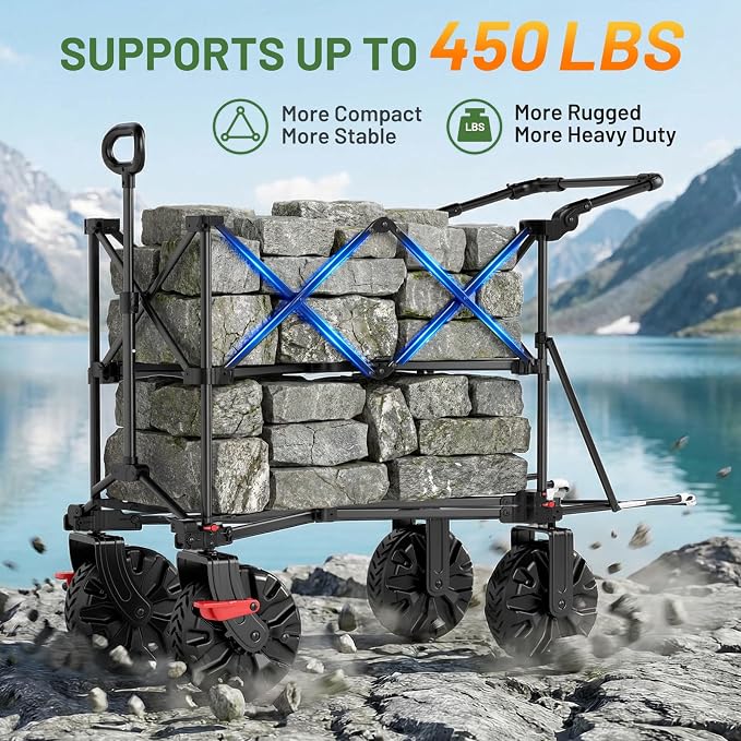 TIMBER RIDGE Push & Pull Double Decker Wagon, 400L Large Capacity Heavy Duty & 450lb Load, Collapsible Cart with All-Terrain Wheels & Brakes, 54” Extended Foldable for Sports, Beach, Camping, Green