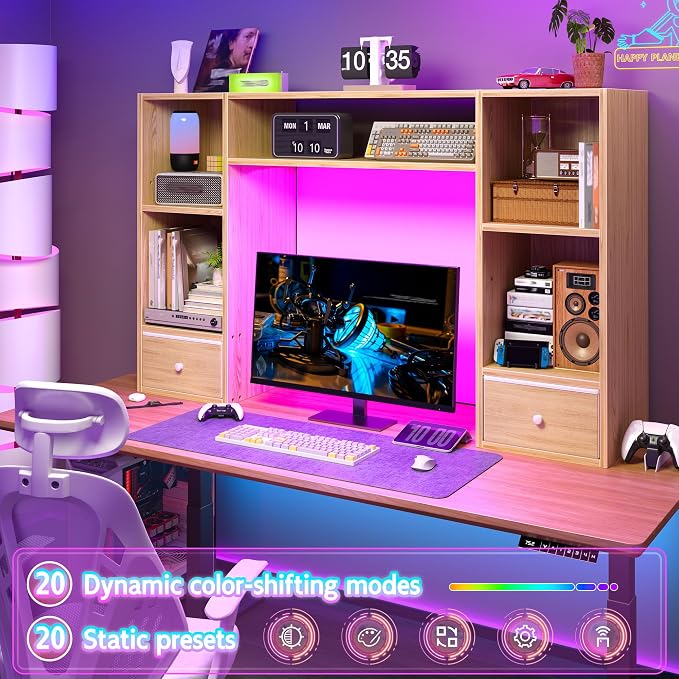 REIBII Desktop Bookshelf with LED Lights,47.2" Desktop Organizer with 6 Shelves and 2 Drawers for Top of Desk,Multipurpose Desk Hutch Dorm with Adjustable Shelves for Home and Office,Natural