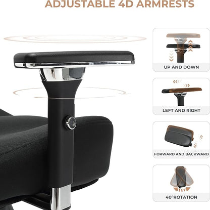 600lbs Big and Tall Office Chair with Wider W-Shaped Thick Seat Cushion, Ergonomic Computer Mesh Desk Chairs for Heavy People, Computer Chair, with Adjustable Lumbar Support, 4D Armrests