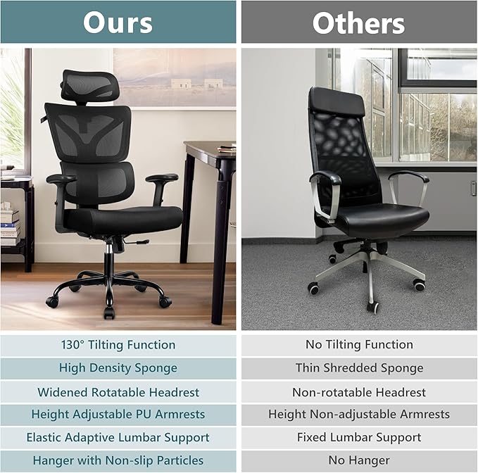 Winrise Office Chair Ergonomic Desk Chair, High Back Gaming Chair, Big and Tall Reclining Comfy Home Office Chair Lumbar Support Breathable Mesh Computer Chair Adjustable Armrests (Black)