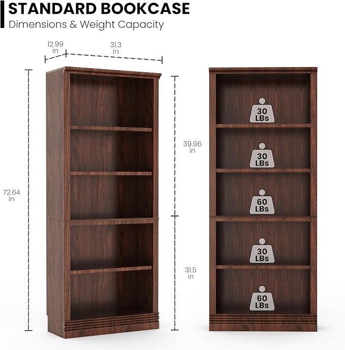 72 in Tall Bookcase, 31.3 in Wide Floor Standing Bookshelf, Open Storage 5-Shelf Bookshelves, Dark Cherry Large Indoor Furniture for Home Office School Library Living Room Bedroom