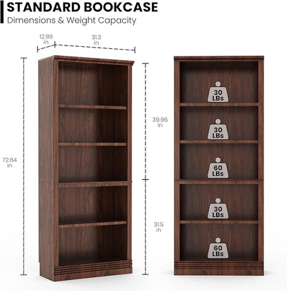 72 in Tall Bookcase, 31.3 in Wide Floor Standing Bookshelf, Open Storage 5-Shelf Bookshelves, Dark Cherry Large Indoor Furniture for Home Office School Library Living Room Bedroom