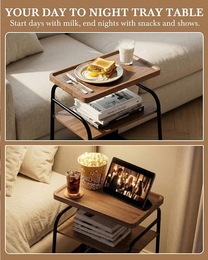 3 Tiers End Table with Fabric Basket, Small Side Table for Small Spaces, Modern Decor Nightstand with Handle, Tv Tray for Living Room, Bedroom, Dorm, Walnut