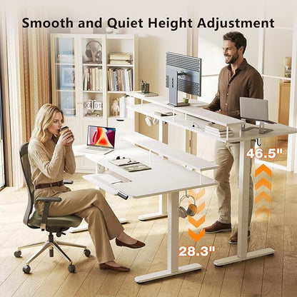 OffiGo U Shaped Electric Standing Desk with Keyboard Tray, 63 Inch Height Adjustable Desk with Power Outlets & LED Lights, Sit Stand Table with Monitor Stand for Home, Office, White