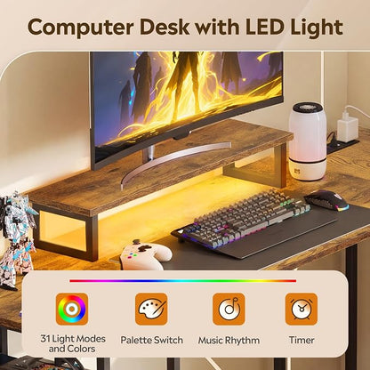 DEVAISE 60 Inch L Shaped Gaming Desk with Drawers and Storage, Corner Desk with LED Lights, Power Outlets, Computer Desk with Monitor Stand, Office Desk for Home, Rustic Brown