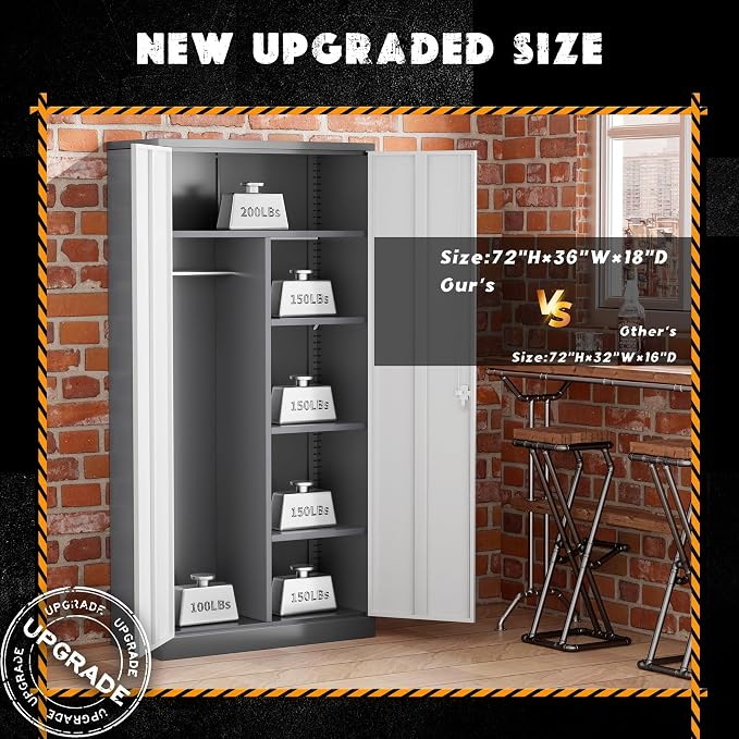 Greenvelly Metal Storage Cabinet with 2 Doors, 72” Steel Storage Wardrobe Cabinet, Employees Locker Closet Clothing Coat Steel Wardrobe Cabinet with Hanging Rod for Garage, Home Office (Grey White)