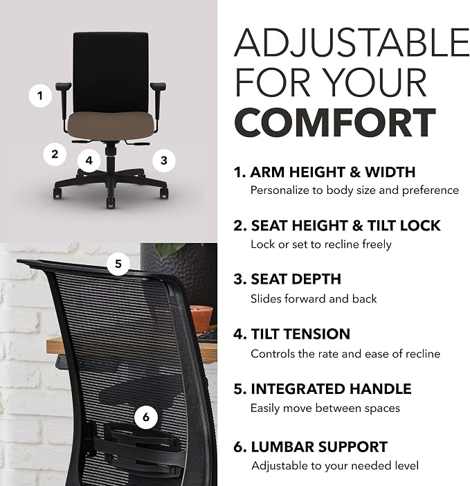 HON Convergence Ergonomic Office Chair with Mesh Back, Adjustable Arms, Lumbar Support, Synchro‑Tilt Desk Chair with Wheels for Home Office or Computer Use, Black Frame, Bark