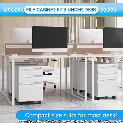 3 Drawer Mobile File Cabinet with Lock, Metal Filing Cabinet, Under Desk Rolling Small Filing Cabinet with Wheels for Home Office Storage, Fits Legal/A4/Letter/Document Size, Required Assembly, White