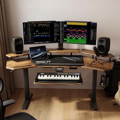 EUREKA ERGONOMIC Solid Wood Top Gaming Desk, 72" Dark Acacia Wood Wing-Shaped Studio Desk with Keyboard Tray, LED Shelves, Heavy-Duty Recording & Live Stream Desk