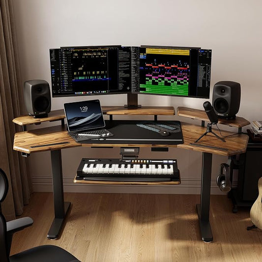 EUREKA ERGONOMIC Solid Wood Top Gaming Desk, 72" Dark Acacia Wood Wing-Shaped Studio Desk with Keyboard Tray, LED Shelves, Heavy-Duty Recording & Live Stream Desk
