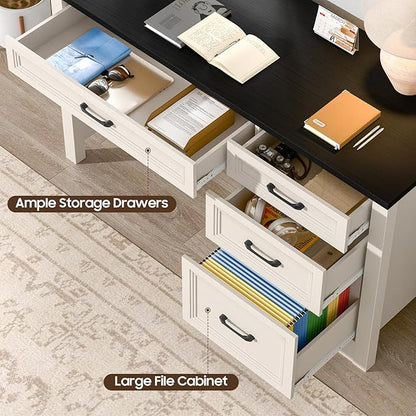 Vabches Farmhouse Executive Desk with Storage and Ample File Drawer, Rustic Large Home Writing Desk for Bedroom, Black