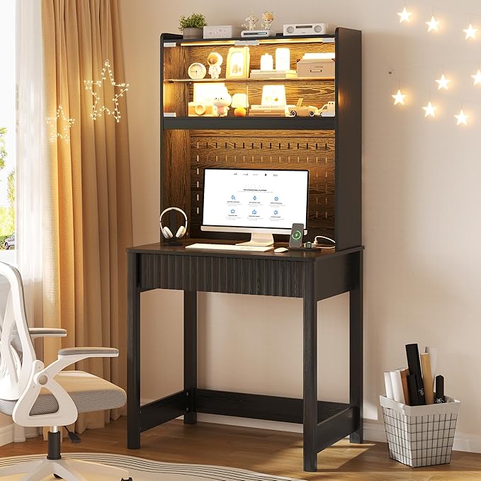 Lvifur Writing Desk with Power Outlet - Small Study Desk with LED Lights, Home Office Desk with Drawer & Hutch & Pegboard, Space Saving Study Table Work Station for Dorm, Living Room (Black)
