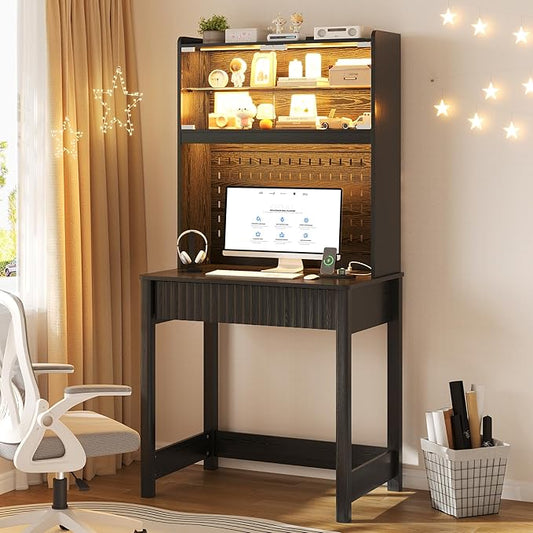 Lvifur Writing Desk with Power Outlet - Small Study Desk with LED Lights, Home Office Desk with Drawer & Hutch & Pegboard, Space Saving Study Table Work Station for Dorm, Living Room (Black)