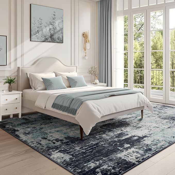 RELEANY Washable Area Rugs 6'x8' Non-Slip Modern Abstract Soft for Living Room Entryway Bedroom Kitchen, Print Pattern, Blue Black Teal