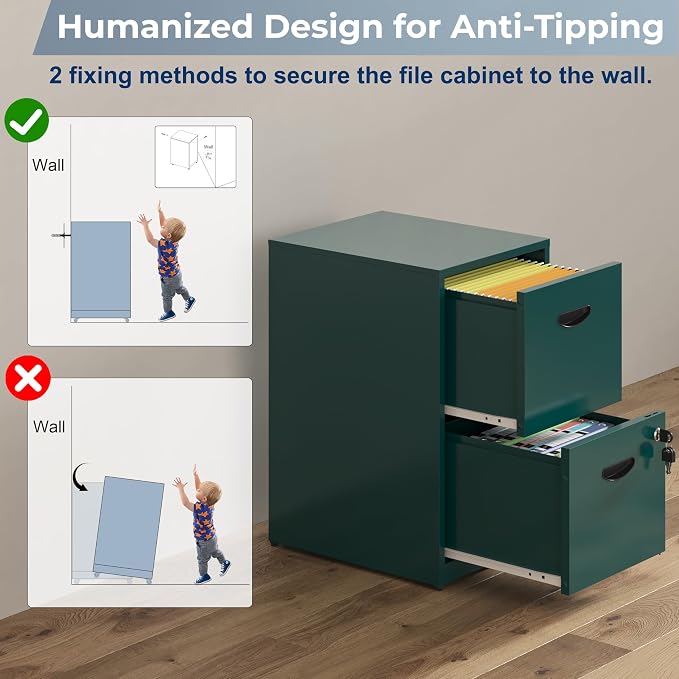 UNICOLY 2 Drawer File Cabinet with Lock, Metal File Cabinets for Home Office, Under Desk Storage, Printer Stand, Office File Cabinets for Letters and File Boxes, Assembly Required, Green