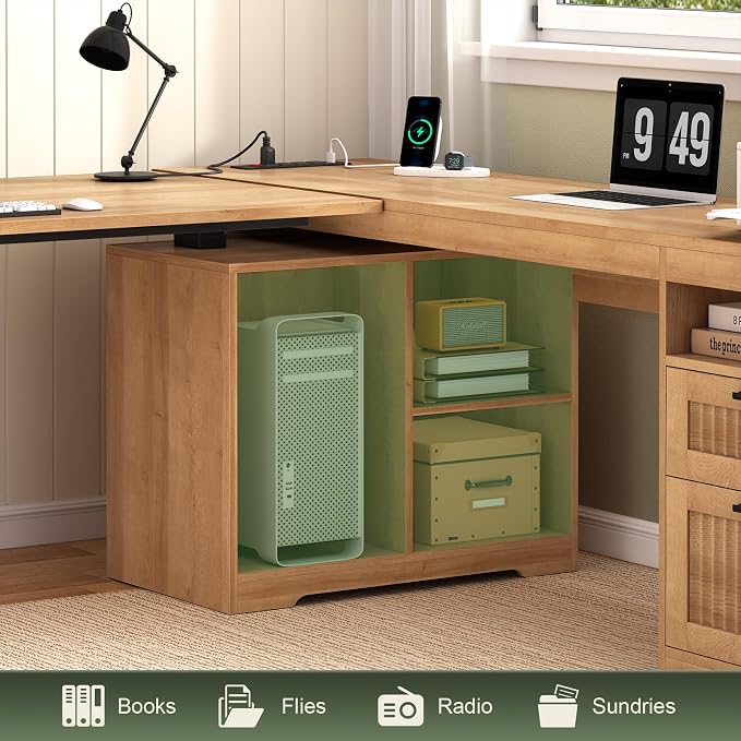 YOMILUVE Fluted L Shaped Standing Desk, 66 inch Corner Electric Standing Desk with Drawers ＆ Storage Shelves, Height Adjustable Computer Desk with Power Outlets for Home Office (Oak)