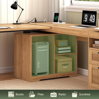 YOMILUVE Fluted L Shaped Standing Desk, 66 inch Corner Electric Standing Desk with Drawers ＆ Storage Shelves, Height Adjustable Computer Desk with Power Outlets for Home Office (Oak)