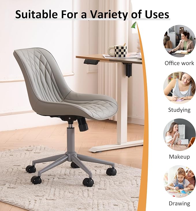 YOUNIKE Grey Faux Leather Ergonomic Office Chair Armless Comfy Desk Chair with Rocking Back Cute Swivel Vanity Chair with Wheels Height Adjustable Small Computer Task Chair for Sewing Drafting