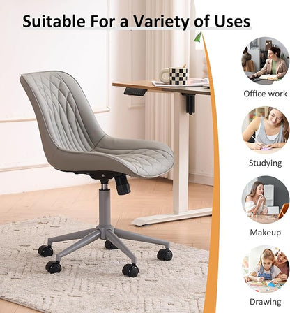 YOUNIKE Grey Faux Leather Ergonomic Office Chair Armless Comfy Desk Chair with Rocking Back Cute Swivel Vanity Chair with Wheels Height Adjustable Small Computer Task Chair for Sewing Drafting