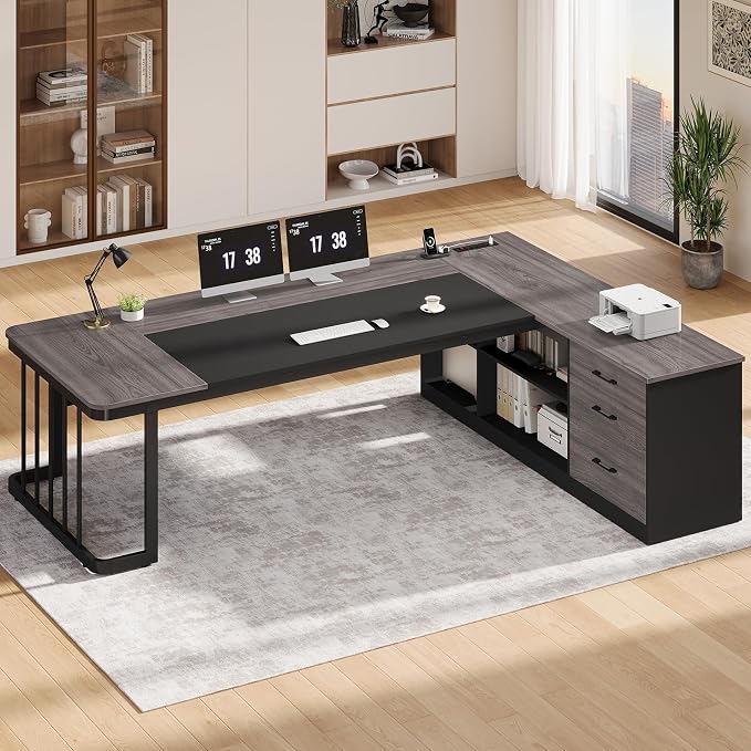 UPOSOJA 78.7" Executive Desk, Large Office Desk with Drawers & Storage Shelves, Modern L Shaped Computer Desk Corner Desk with Power Outlets, File Cabinet, Business Furniture Desk Workstation (Grey)