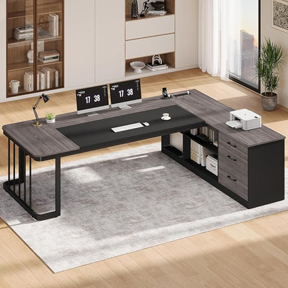 UPOSOJA 78.7" Executive Desk, Large Office Desk with Drawers & Storage Shelves, Modern L Shaped Computer Desk Corner Desk with Power Outlets, File Cabinet, Business Furniture Desk Workstation (Grey)