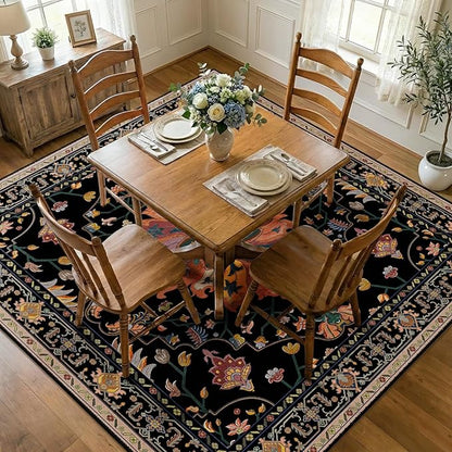 RELEANY Area Rugs Square 7ft Washable Non-Slip, Floral Vintage Distress Medallion Carpet for Living Room Bedroom Dining Room, Black Colorful Floral Dark Tan