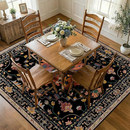 RELEANY Area Rugs Square 8ft Washable Non-Slip, Floral Vintage Distress Medallion Carpet for Living Room Bedroom Dining Room, Black Colorful Floral Dark Tan
