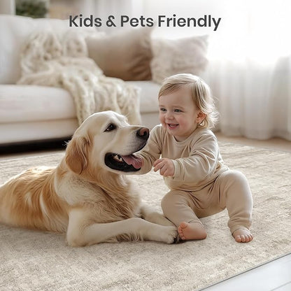 Valenrug Washable Rug 9x12 - Stain Resistant 9x12 Area Rugs for Living Room, Non Slip Backing Printed Rugs for Bedroom, Folable Machine Washable Area Rug(Beige,9'x12')
