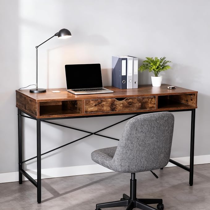 JJS 48' Writing Desk with Power Outlet, Home Office Contemporary Large Computer Desk Laptop Workstation with Drawer USB Ports Charging Station, Rustic Brown