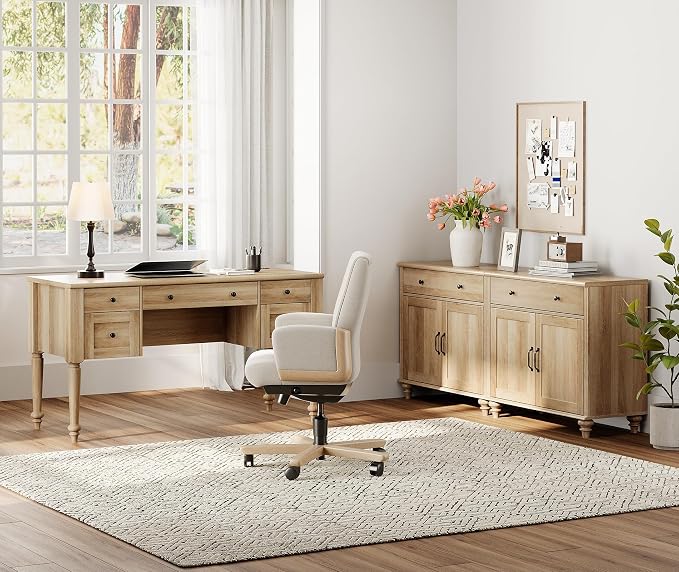WAMPAT Home Office Furniture Set, 56'' Executive Desk with Charging Station, 2-in-1 Cabinet with 4 Doors and 2 Drawers, Wood Computer Desk with File Cabinet Storage, Open Shelf, Oak