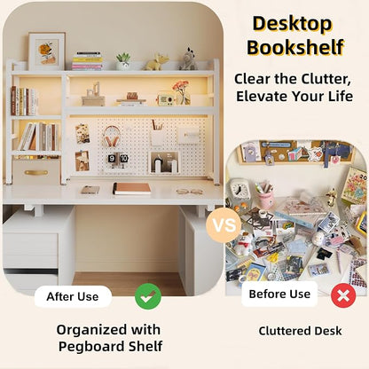 Desktop Hutch Bookshelf, 4-Tier Metal Desk Shelf for Top of Desk | Heavy Duty Countertop Organizer Rack with Peg Board & Accessories Space-Saving Storage for Dorm, Office & Home