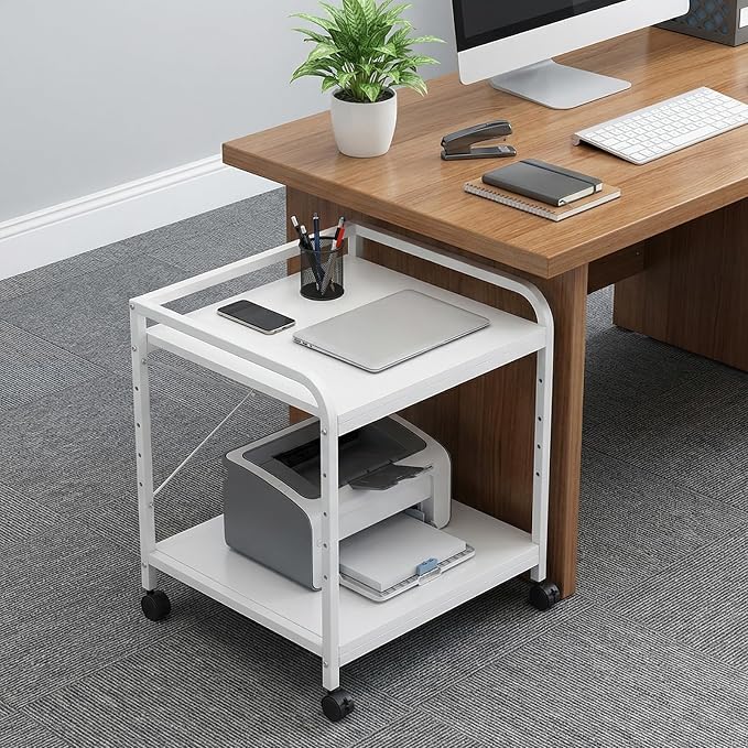 2 Tier Large Printer Stand, 20 Inches Deep Under Desk Printer Table with Height Adjustable Shelf, Rolling Printer Cart with Wheels for Home Office Storage - White