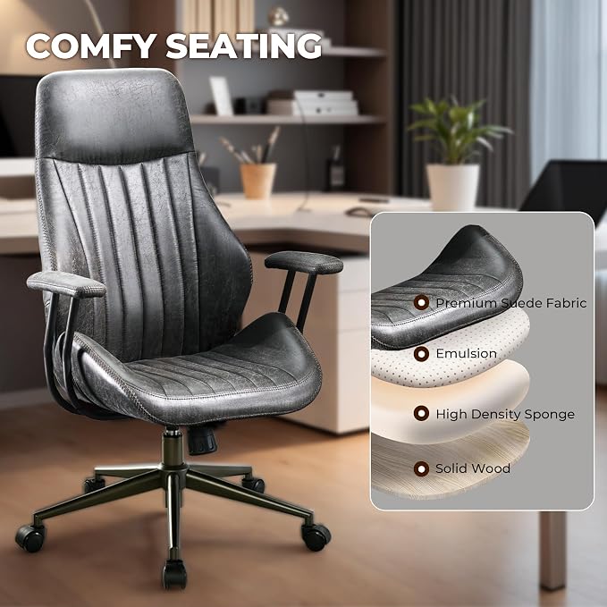 Home Office Chair,Ergonomic Computer Chair with Lumbar Support Adjustable Height,Mid-Century Modern Office Chair with Rolling Swivel Chair for Home Office Game Study(Suede High Back Chair,Gray)