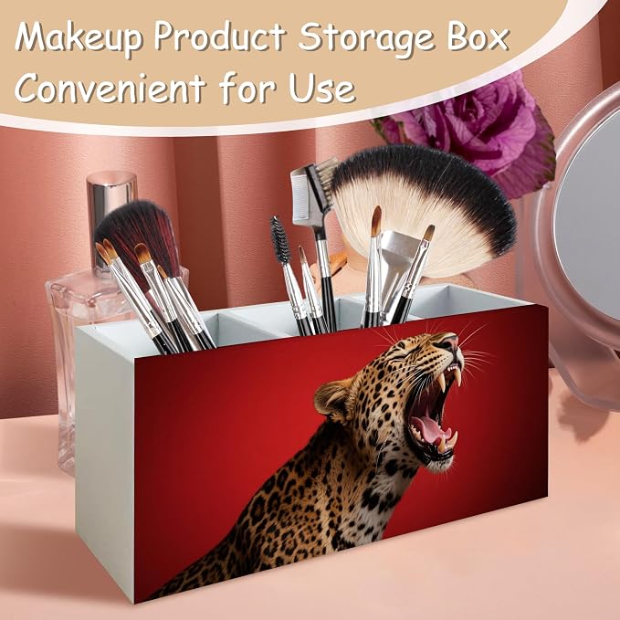 Trendy Retro Leopard Print Pen Pencil Holder Organizer for Desk, Leopard Gifts for Women, Preppy Cheetah Dark Red Wooden Box Block Sign for Home Office Tabletop Decor