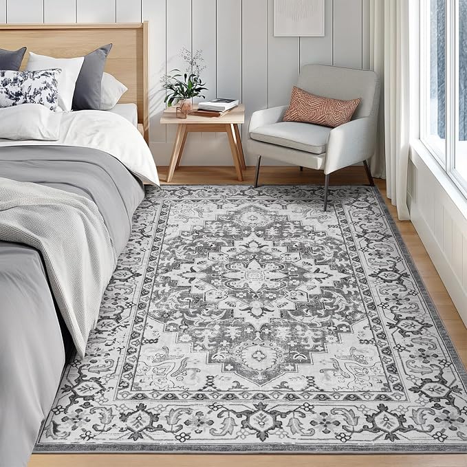 Lofus 5x7 Area Rugs for Living Room, Washable Area Rug, Rugs for Bedroom, Kitchen, Vintage Boho Carpet, Soft Non-Slip, Low Pile Large Area Rug for Office Dining Room, Floral Grey