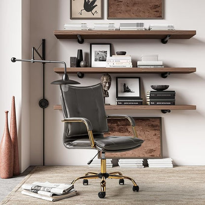 HULALA HOME Faux Leather Home Office Desk Chair, Adjustable Swivel Computer Chair with Golden Legs and Arms, Comfy Upholstered Task Chair, Grey