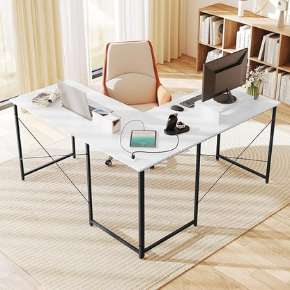 Tangkula L-Shaped Computer Desk with Power Outlets, 95” Long 2-Person Desk with Monitor Shelf, Modern Corner Desk Gaming Table with USB Ports for Home Office