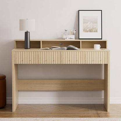 EYYTHUNG Fluted Executive Desk with Storage Shelf, 47" Modern Wood Home Office Desk with Long Monitor Stand & 2 Drawers, Writing Study Computer Table Vanity Desks, Light Oak