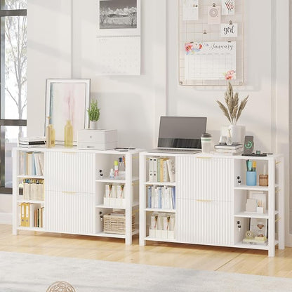 File Cabinet for Home Office, Fluted Filing Cabinet with 2 Drawers Fit Letter/Legal/A4 Folders with Tabs, Printer Stand with Lock & 2 Power Outlets, 6 Shelves (Set of 2, White)