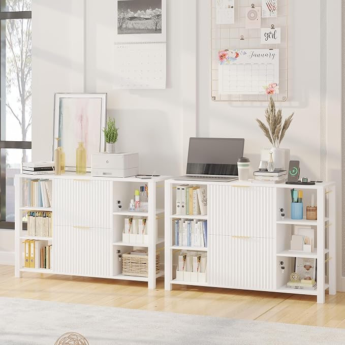Filing Cabinet for Home Office, Fluted Wood File Cabinet with 2 Drawers Fit Letter/Legal/A4 Folders with Tabs, 43.3" W Printer Stand with Lock & 2 Power Outlets, 6 Storage Shelves (1, White)