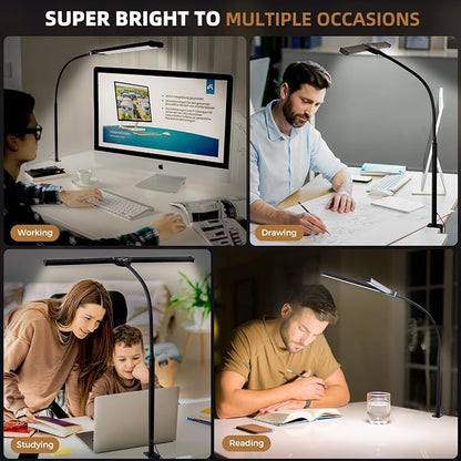 Motumen Led Desk Lamp for Home Office, Eye-Care Architect Light with Clamp, Smart Double Head Computer Monitor Table Clip Lamp, Adjustable Flexible Goose-Neck, 25 Lighting Models, Task Lamp, Black
