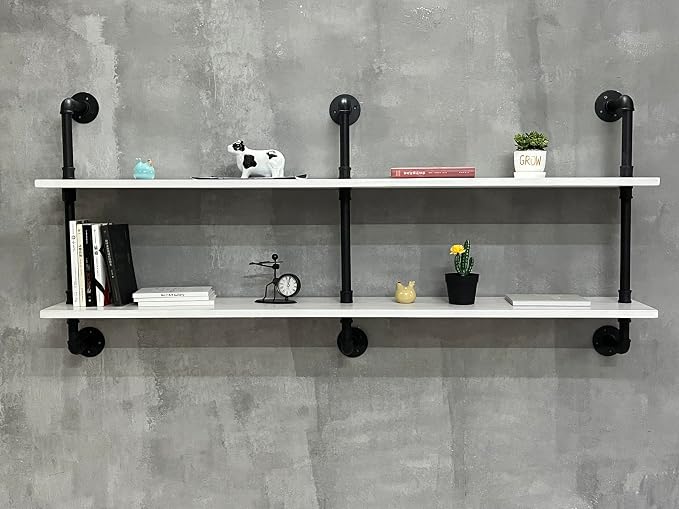 HDDFER Industrial Pipe Shelving Rustic White Pipe Wall Shelves Industrial Shelves with Wood Planks Floating Shelves 60 Inch Farmhouse Bathroom,Kitchen Shelving Wall Mounted