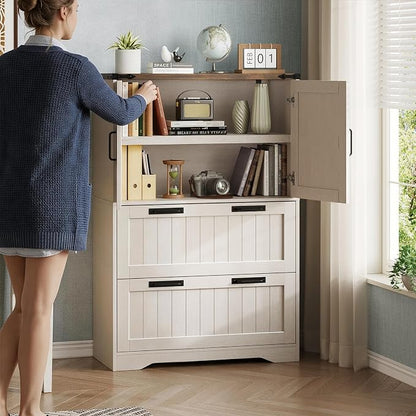 Halitaa 2 Drawer Filing Cabinet, Farmhouse File Cabinet for Home Office with Storage Space, Wood Tall Office Filing Cabinet fits Legal/Letter/A4 Size, Lateral File Cabinets with 2 Doors, Rustic White
